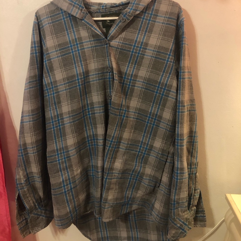 Gray and blue long sleeve button down shirt